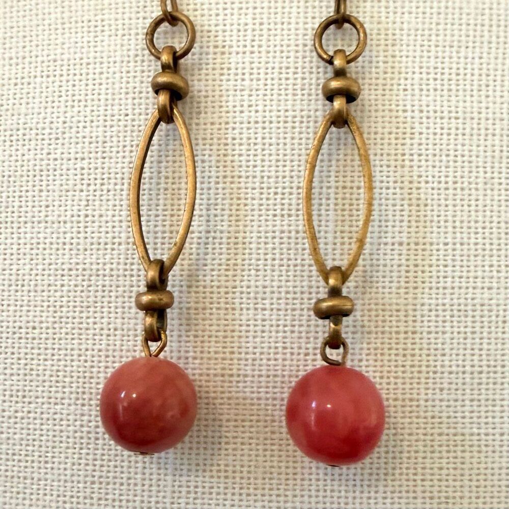 Brass-Tone Drop Earrings with Pink  Beads